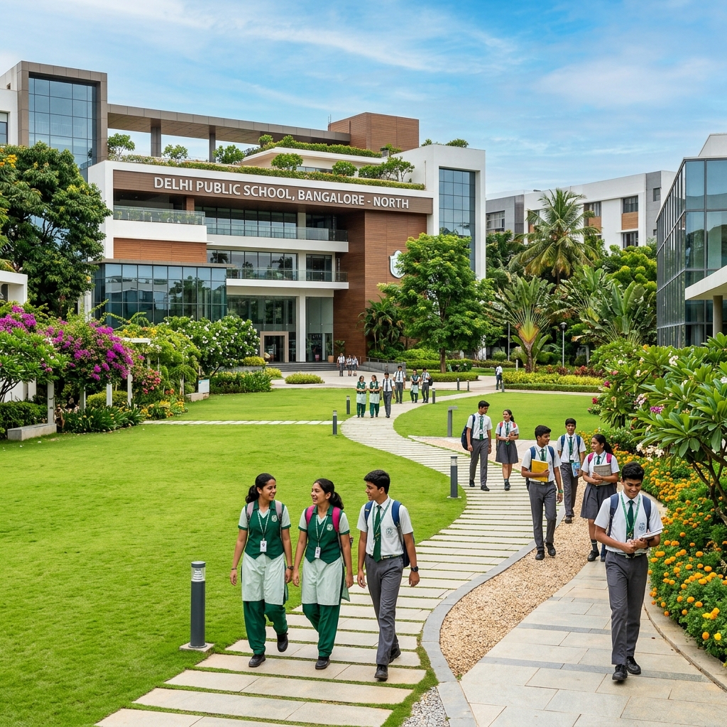 Modern CBSE and international school campus in Bangalore with green lawns and contemporary academic facilities